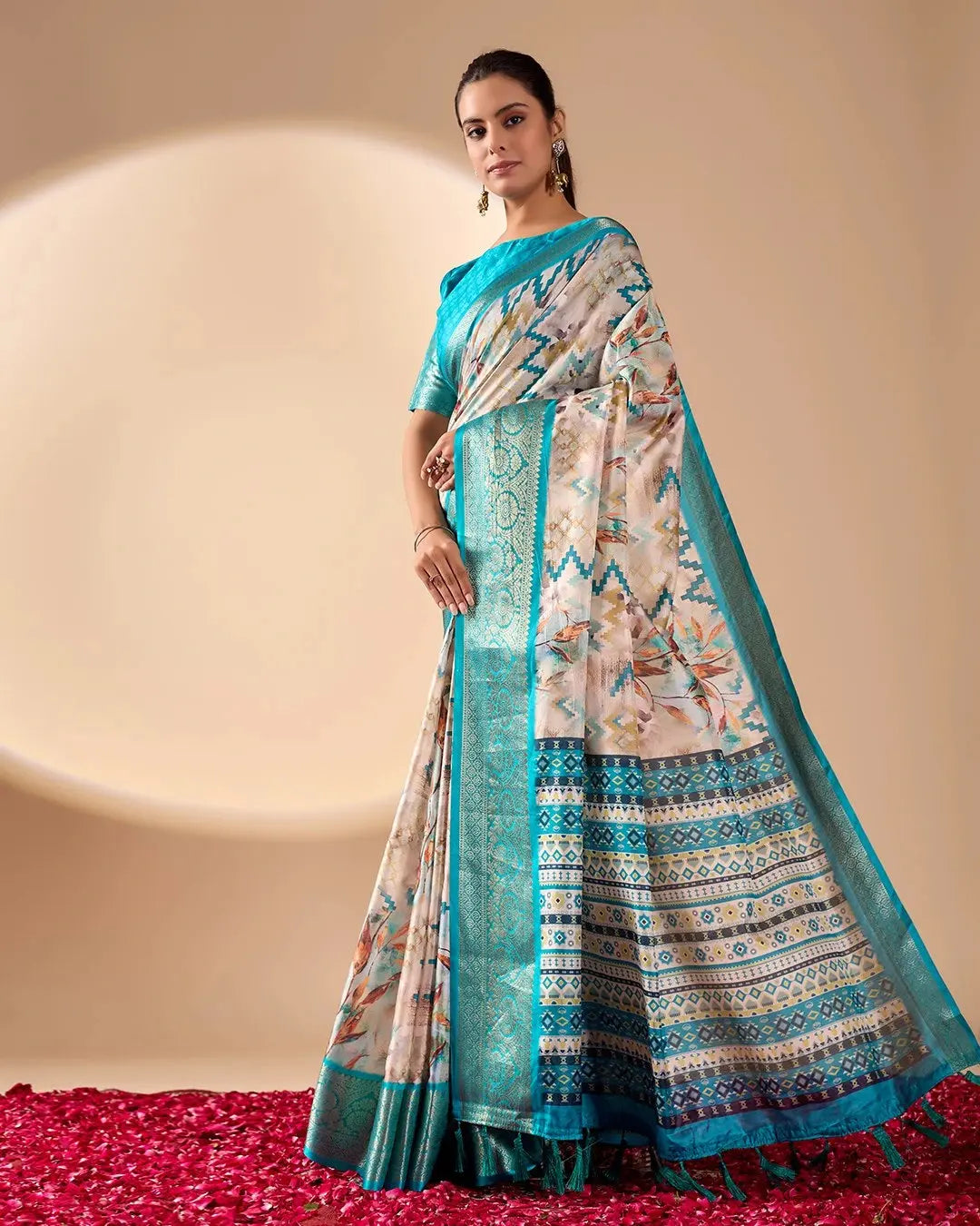 Beige Digital Print with Zari Woven Border Soft Lichi Silk Saree – Kalyanja